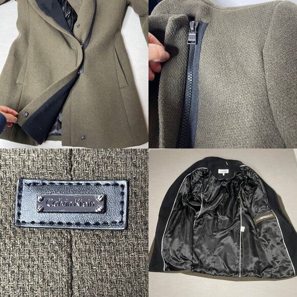 Calvin Klein Women’s XS Khaki Green Asymmetrical Zip Wool Cashmere Blend Coat - Picture 5 of 7